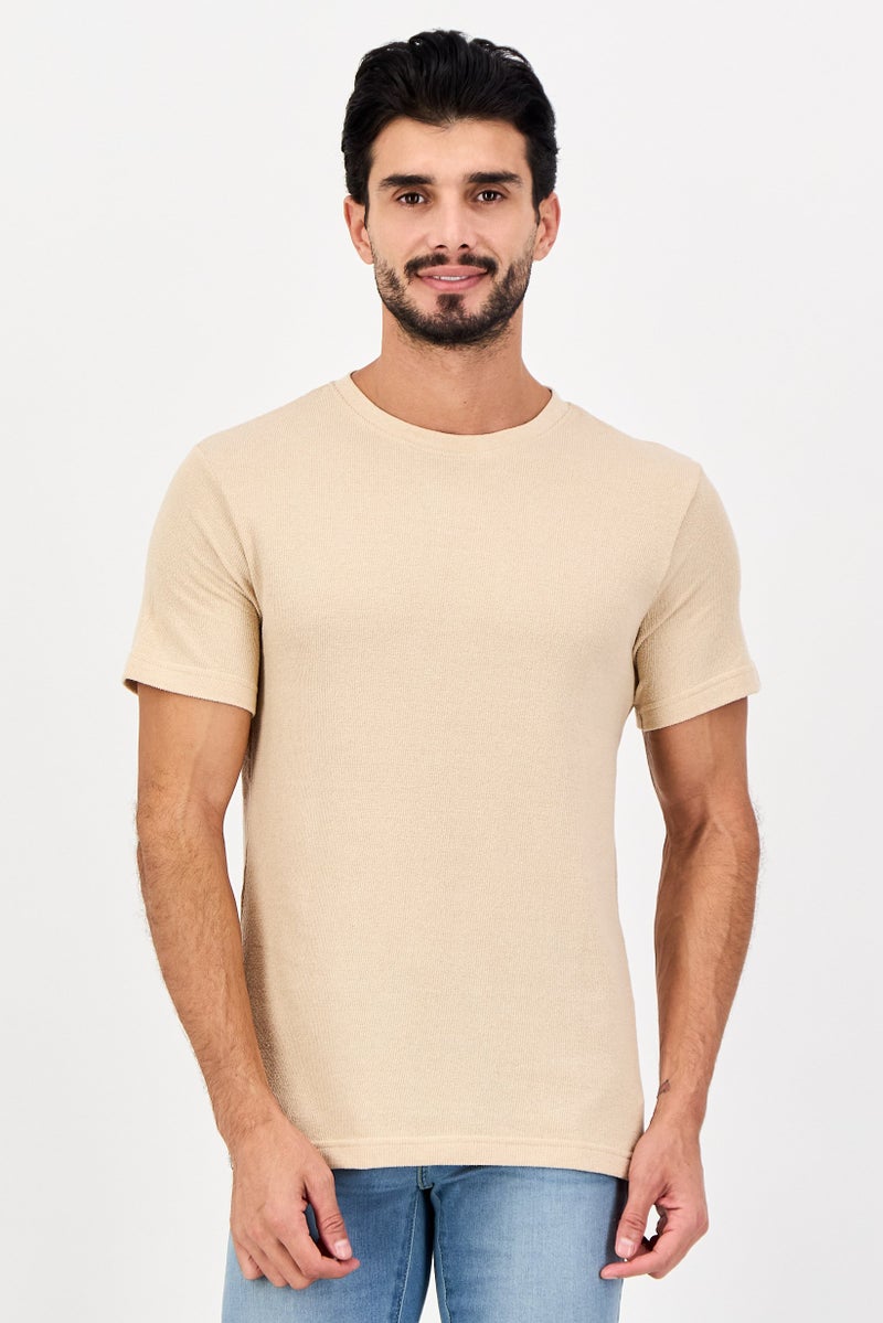 Threadbare Men Crew Neck Short Sleeve Textured T-shirt, Beige - Image 1